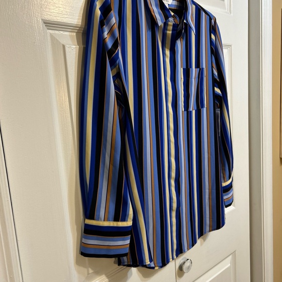 NWT Nine West Top Sz L Large Blue Striped Multicolor Button Front Long Sleeve - Picture 2 of 11